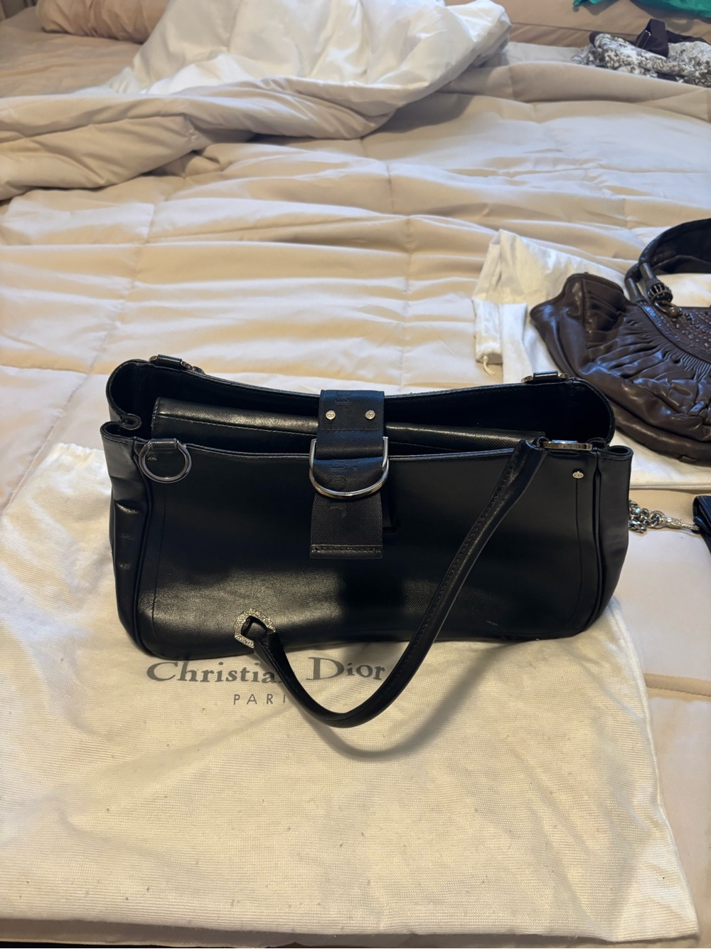 Dior Black Leather Shoulder Bag with D-Ring Accent